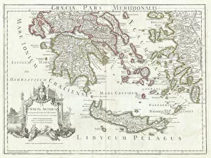 Maps Canvas Print Collection: 1794, Delisle Map of Southern Ancient Greece, Greeks Isles, and Crete, topography