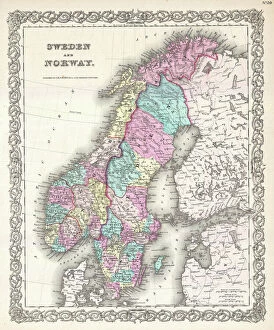 Early Maps Fine Art Print Collection: 1855, Colton Map of Scandinavia, Norway, Sweden, Finland, topography, cartography