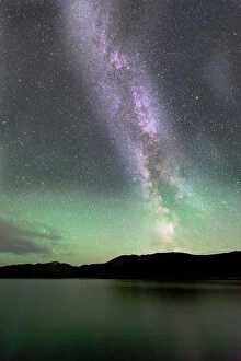 Beauty In Nature Collection: Aurora borealis and Milky Way above Fish Lake, Yukon, Canada