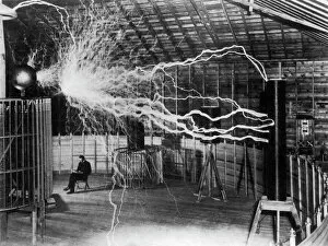 Invention Collection: Bolts of electricity discharging in the lab of Nikola Tesla