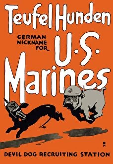 Vector Collection: Vintage World War One poster of a Marine Corps bulldog chasing a German dachshund