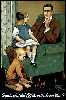 Pensive Collection: World War I poster of a little girl sitting on her fathers lap and a boy playing