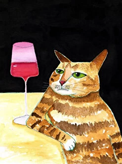 Watercolor paintings Collection: Cat Friday Night Drinks Wine Funny Cat Humour