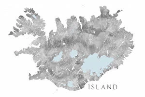 Maps Canvas Print Collection: Ísland - Iceland blank map in gray watercolor