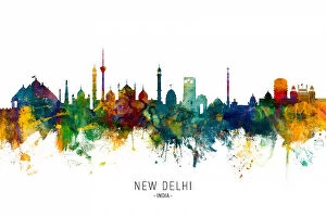 City Skyline Watercolours Metal Print Collection: New Delhi India Skyline
