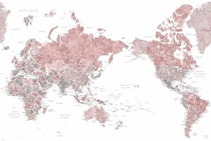World Map Collection: Pacific centered world map in dusty pink