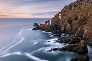 Coastal landscapes Poster Print Collection: The Crowns Engine Houses at Botallack, high tide at sunset, West Cornwall, UK