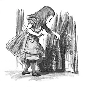 Cartoon Collection: Alice looking at a small door behind a curtain, 1889. Artist: John Tenniel