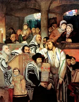 Paintings Canvas Print Collection: Jews praying in the Synagogue on Yom Kippur, 1878. Artist: Maurycy Gottlieb