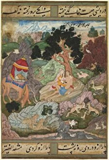 Active C Collection: Layla and Majnun in the wilderness with animals, from a Khamsa (Quintet)... c. 1590-1600