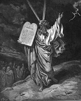 Monochrome paintings Metal Print Collection: Moses descending from Mount Sinai with the tablets of the law (Ten Commandments), 1866