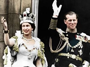 Happy Collection: Queen Elizabeth II and the Duke of Edinburgh on their coronation day, Buckingham Palace, 1953