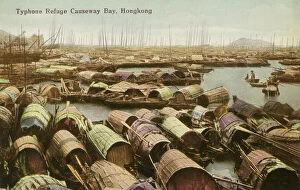 Postcard Poster Print Collection: Archival color postcard of junks in harbor waiting for coming typhoon, Hong Kong, China, c 1910