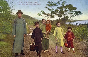 Travel and Culture Poster Print Collection: Archival colour postcard of family dressed for temple visit, China, circa 1915