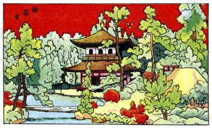 Travel and Culture Framed Print Collection: Archival postcard of pagoda and trees in graphic, Japanese print-style, Japan, c. 1910