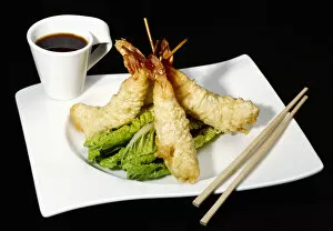 Garnishes Collection: Food - Tempura Prawns and Ponzu Dip. Ingredients include prawns, tempura batter, lime juice