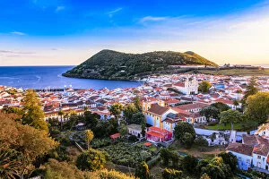 Cityscape paintings Poster Print Collection: Scenic view of Angra do Heroismo and Monte Brasil at sunset, Terceira, Azores