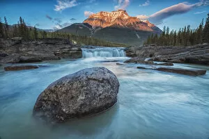 Robert Postma Collection: Sunset Lights Up Mount Fryatt As The Athabasca River Flows Over Athabasca Falls In Jasper National