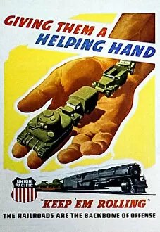 Advertising Posters Cushion Collection: Union Pacific Railways, World War II poster, LA PA WWII KEEP WAR SUPPLIES ROLLING; Studio Shot
