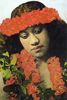 Travel and Culture Photo Mug Collection: Vintage, tinted photograph of Hula Girl wearing red lei, Studio Shot