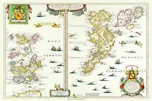 Early Maps Fine Art Print Collection: Old Map of the Isles of Shetland and Orkney 1654 from the Atlas Novus