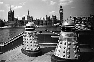 Westminister Bridge Collection: The filming of Dr Who - Daleks characters across the river from Big Ben