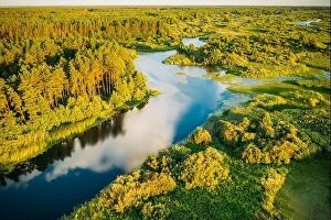 Russia Photo Mug Collection: Aerial Elevated View Of Green Forest Growth On River Coast Landscape In Sunny Summer Evening