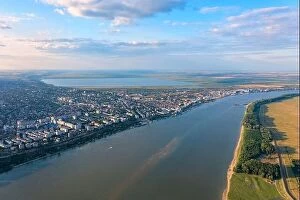 Romania Fine Art Print Collection: Aerial view of Galati City, Romania. Danube River near city with sunset warm light