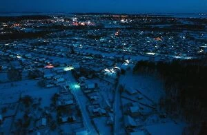 Belarus Metal Print Collection: Aerial View Of Town Skyline Winter Night. Snowy Landscape Cityscape Skyline